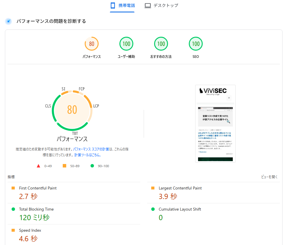PageSpeed Insightsの結果 移行後